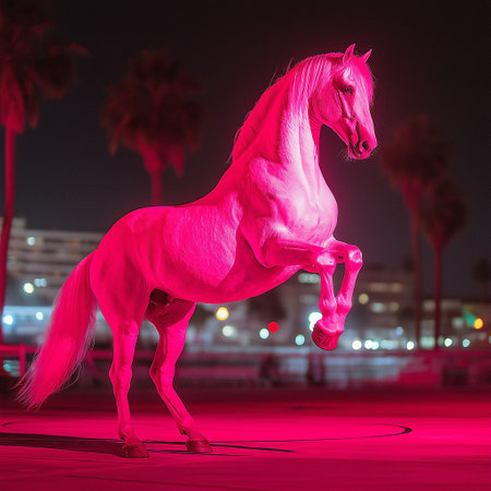 Pink horse with long mane on the background of the night cityの素材