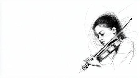 Illustration of a young girl playing the violin on a white backgroundの素材