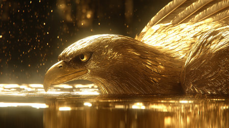 Golden eagle with golden wings on a dark background. 3d renderingの素材
