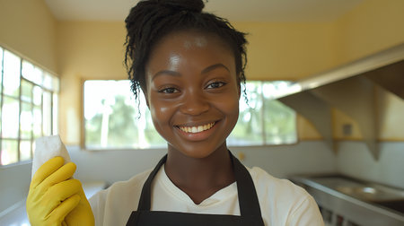 Portrait of smiling african american woman cleaning kitchen at homeの素材
