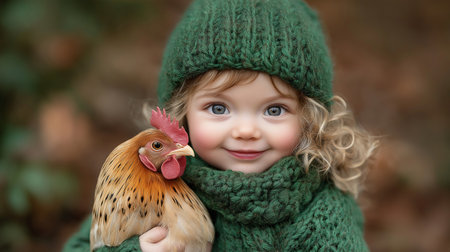 Cute little girl in a green hat and scarf with a chickenの素材