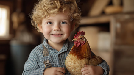 Cute little boy holding a rooster and smiling at camera.の素材