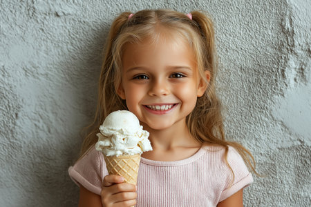 Cute little girl with ice cream in waffle cone on grey backgroundの素材