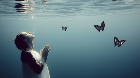 Woman in a white dress and butterflies swimming in the water. 3d renderingの素材