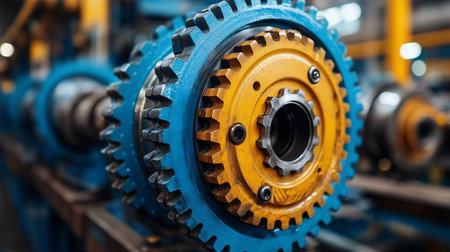 Close-up of gear wheels in the factory. Industrial background.の素材