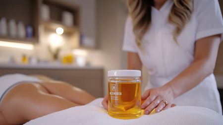 Close-up of a bottle of honey lying on a massage tableの素材