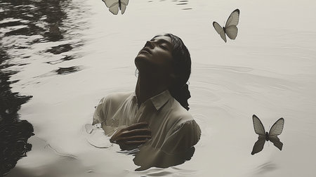Young asian woman and butterflies in the water. Black and whiteの素材