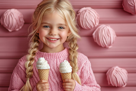 Cute little girl with ice cream in waffle cone on pink backgroundの素材
