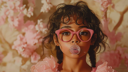 Fashion portrait of a beautiful young woman with pink sunglasses and pink bubble gum in her hairの素材