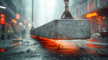 Crane on the road at night in a foggy city.の素材