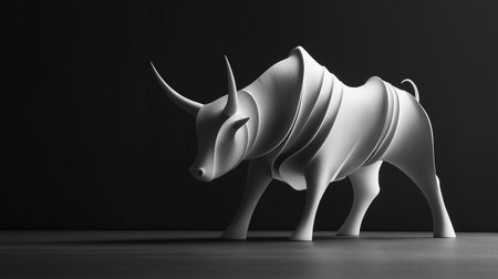 3d rendering of a white bull sculpture on a black background.の素材