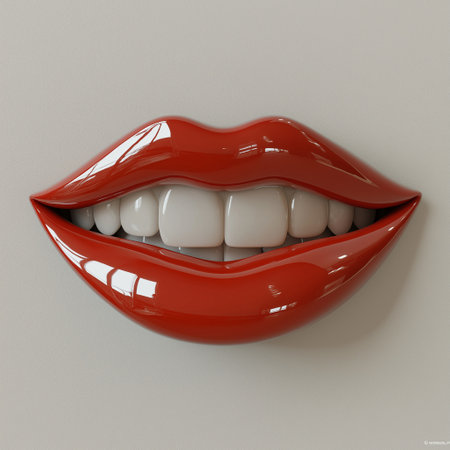 3d render of female mouth with red glossy lips on white backgroundの素材