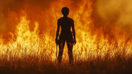 A woman with a spear on the background of a burning field.の素材
