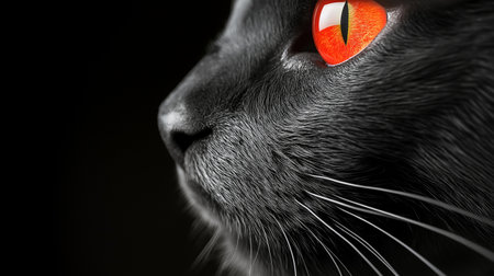 Close-up portrait of a cat with red eyes on a black backgroundの素材