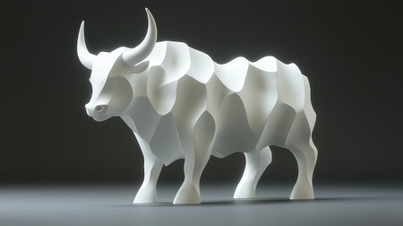 White bull sculpture on a gray background. 3D rendering illustration.の素材