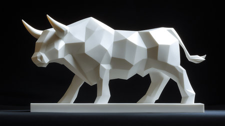 3d rendering of a white bull model on a black background.の素材