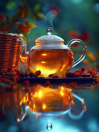 Tea in a glass teapot on a background of autumn leavesの素材