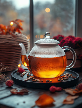 Glass teapot with tea on a wooden table on a background of the windowの素材