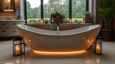 Interior of a modern bathroom with a bathtub illuminated by a led lampの素材