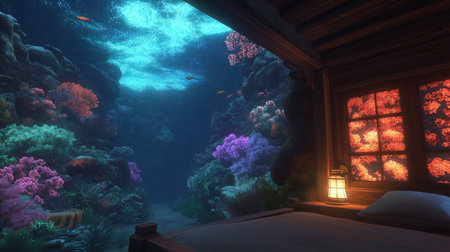 3D CG rendering of underwater world with corals and tropical fishの素材