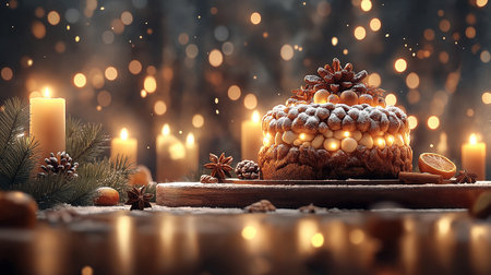 Christmas cake on a wooden board on a background of a burning garlandの素材