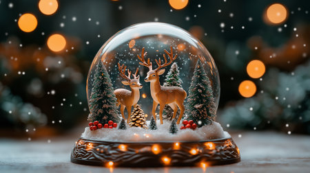 Christmas snow globe with Christmas tree and deer on bokeh backgroundの素材