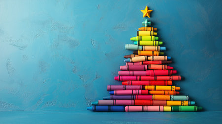 Christmas tree made of colorful crayons on blue background with copy spaceの素材