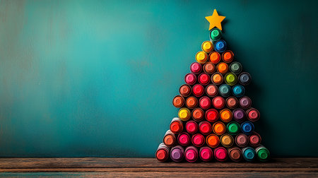 Christmas tree made of colored pencils on wooden background. Christmas conceptの素材