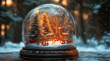 Snow globe with christmas trees and deers. 3D rendering.の素材