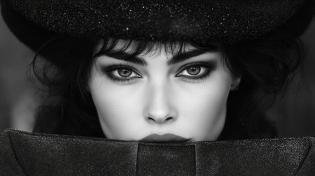 Closeup portrait of a beautiful young woman in a hat and coatの素材