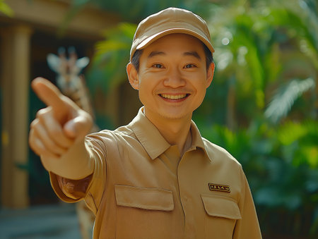 Portrait of a smiling asian delivery man in uniform pointing at cameraの素材