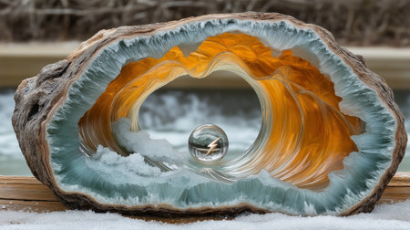 crystal ball on the background of the sea in the snow.の素材