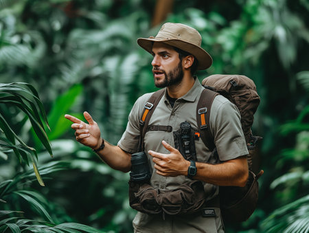 Handsome man with backpack hiking in jungle and pointing finger at somethingの素材