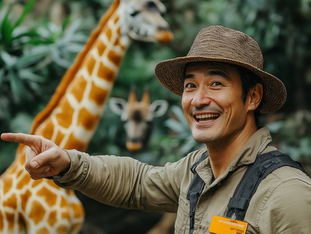 Asian man tourist pointing at giraffe in the jungle. Travel and adventure concept.の素材