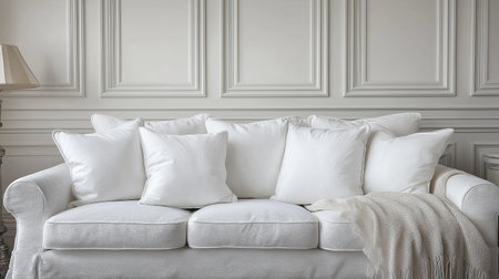 classic white sofa with pillows in classic interior, 3d renderの素材