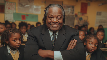 Portrait of a senior African American teacher with his students in the classroom.の素材