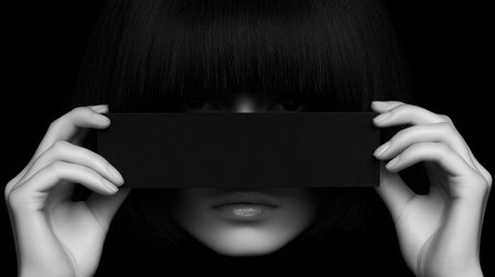 Young asian woman covering her face with a black sheet of paperの素材