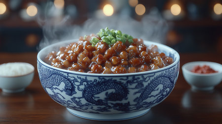 Bowl of spicy chickpeas on wooden table, closeupの素材