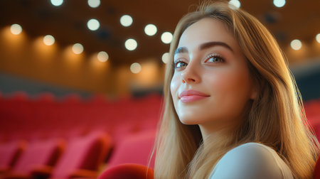 Young beautiful girl sitting in the cinema. Beautiful woman in the auditorium.の素材
