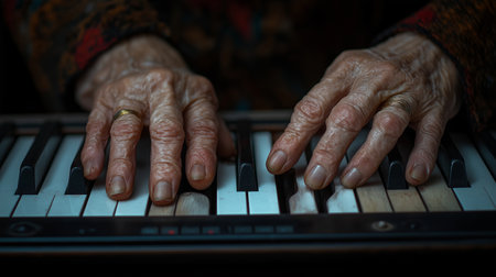 Close-up of an old woman's hands playing the piano.の素材