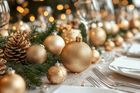 Festive table setting with golden baubles and fir branches on blurred backgroundの素材