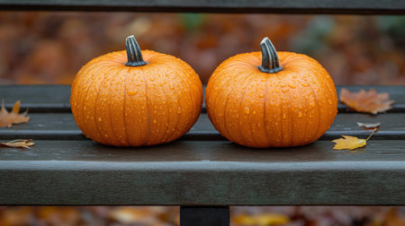 two pumpkins on a bench in the autumn park, halloweenの素材
