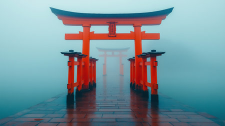 Foggy Torii Gate in Japan. 3D Renderingの素材