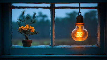 Vintage light bulb on the window with a beautiful yellow flower in a potの素材