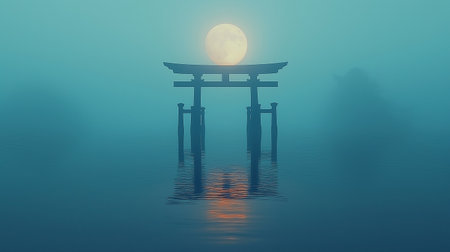 Japanese temple in the mist with full moon. 3D rendering.の素材