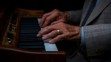 Old man playing the piano, close-up of hands and fingersの素材