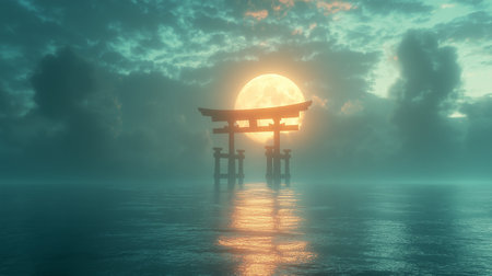 Japanese temple in the sea at sunset. 3d render illustration.の素材