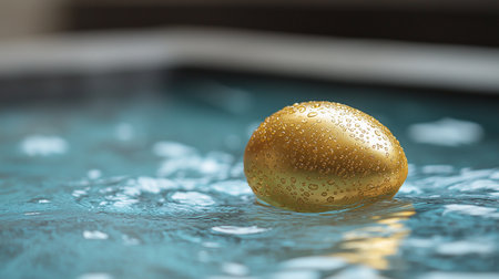 golden easter egg in water with reflection, shallow depth of fieldの素材