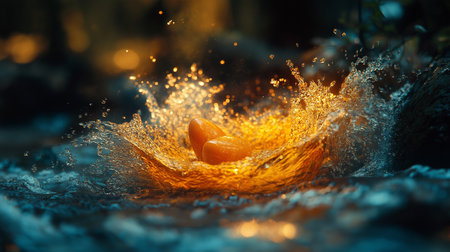abstract image of water splashes and drops on a yellow backgroundの素材