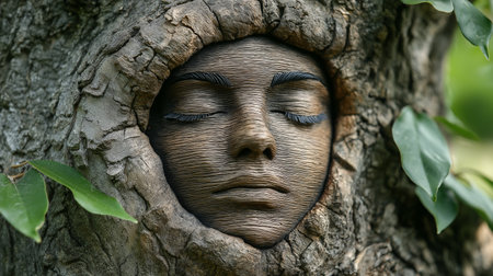 Wooden sculpture of a woman's face in a tree, close-upの素材